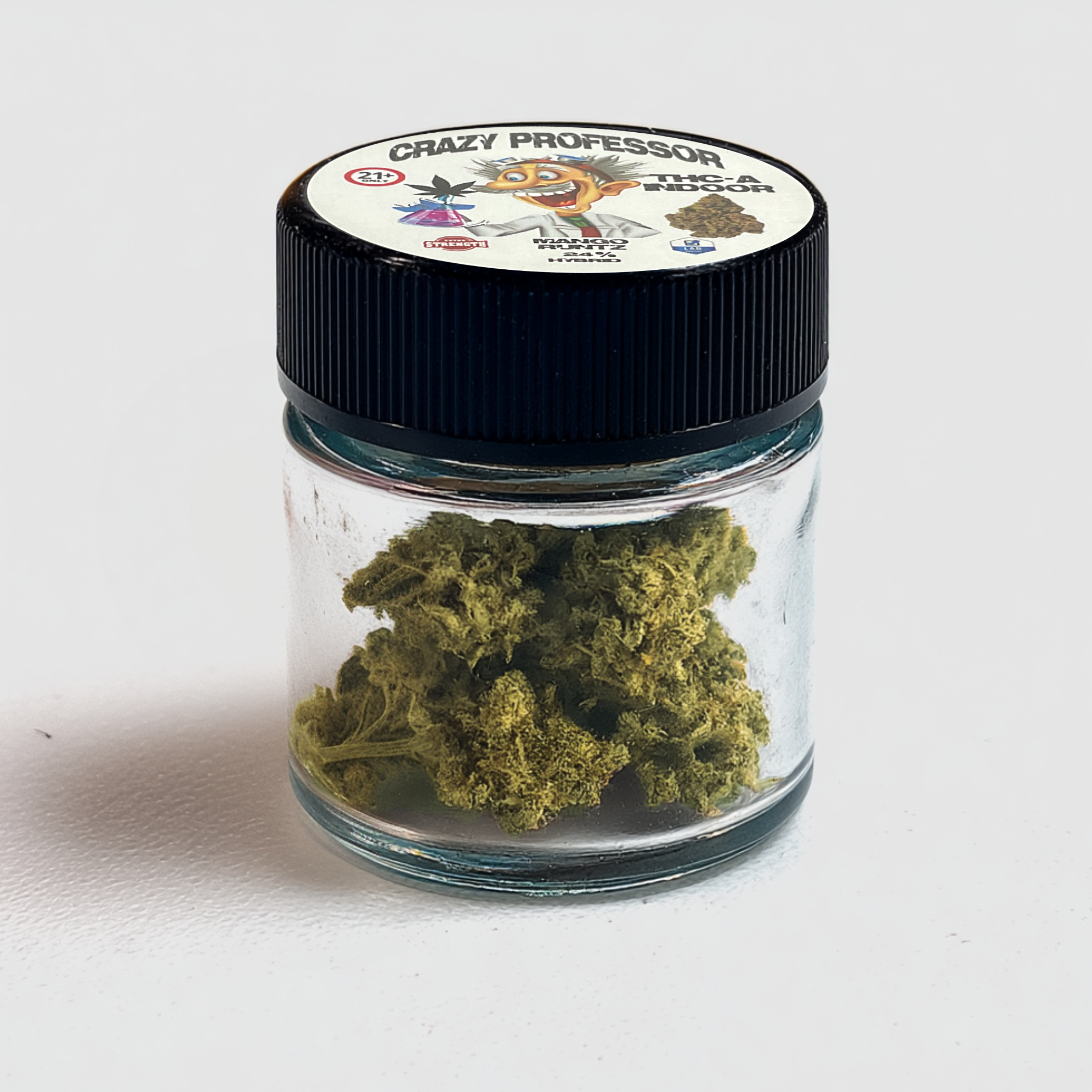 3.5 gram jar labeled as Crazy Professor White Runts THC-A Flower
